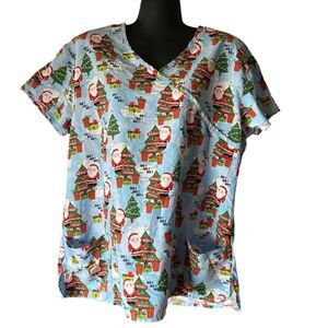 Wear for Care v neck scrubs top short sleeve women’s large Christmas holiday